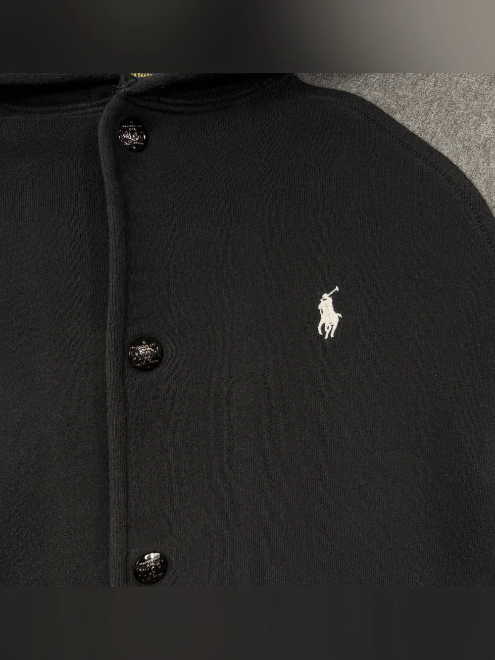 Polo Ralph Lauren Hooded Fleece Varsity Jacket Black Grey Kids Size Large 14/16